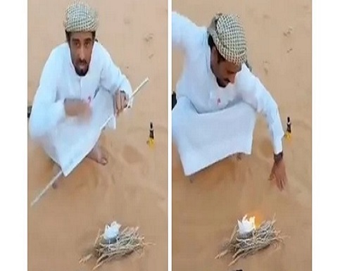 بدون كبريت.. رجل يشعل النار باستخدام الرمل.. فيديو